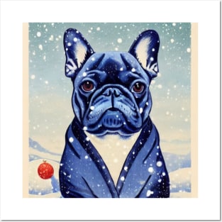 Cutest Blue French Bulldog Puppy Sitting in Snow Christmas Season Posters and Art